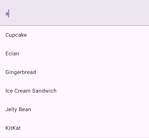 Uma barra de pesquisa é mostrada com a letra "a" digitada dentro dela. Uma lista com seis sugestões de pesquisa aparece abaixo da barra de pesquisa.